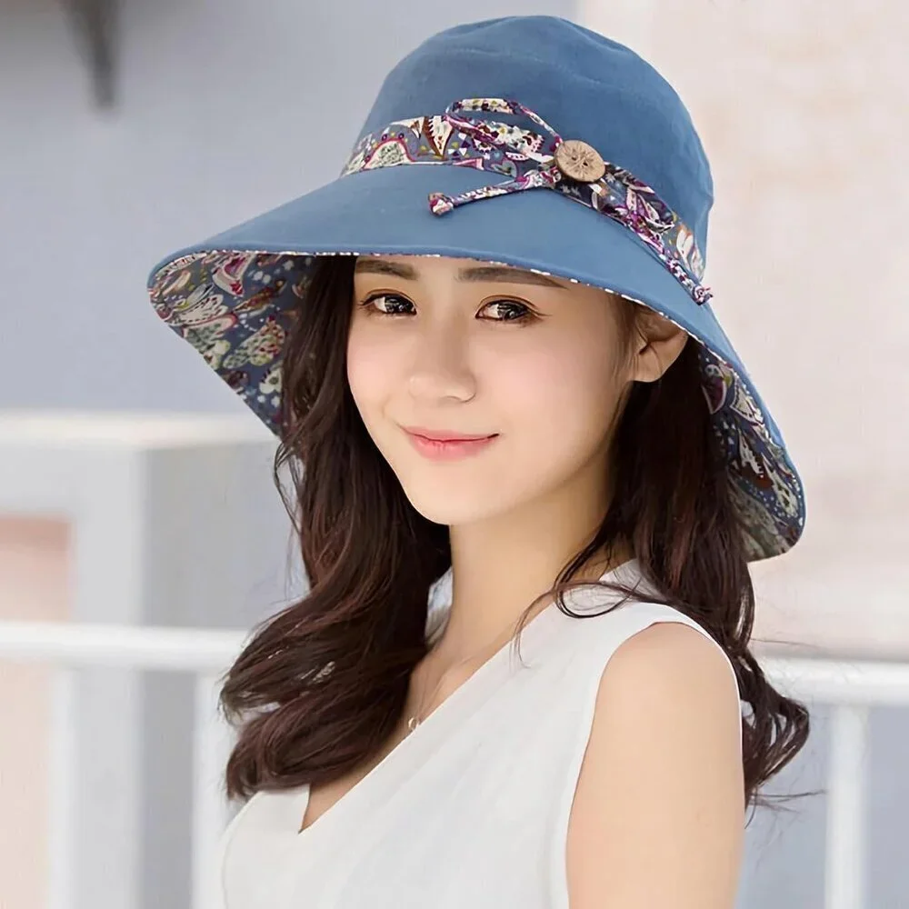 Women Bohemian Reversible Sun Hat Wide Brim UV Protection Cotton Polyester - Picture 4 of 8